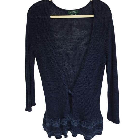 Lauren Ralph Lauren 100% Linen Peplum Cardigan Sweater Ruffle Blue Women’s Sz L - Picture 1 of 10
